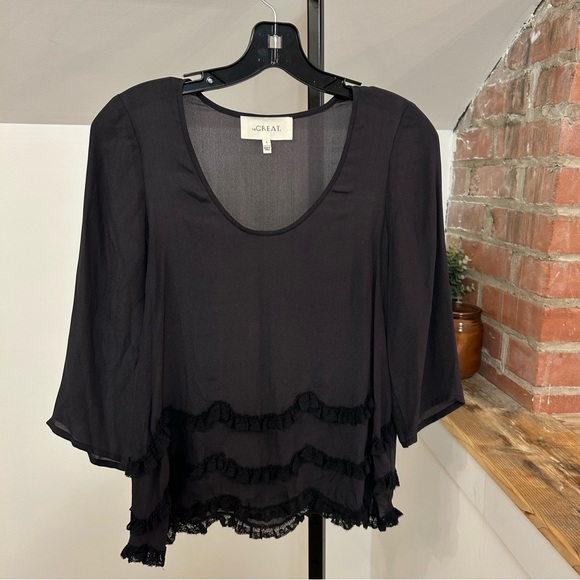 THE GREAT. 100% Silk 3/4 Sleeve Black Blouse With Ruffle Detail - Picture 1 of 4